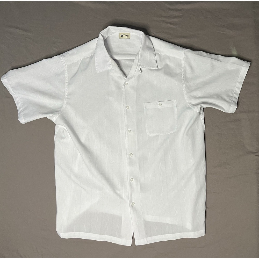 Haggar Camp Shirt Men's Size XL White Textured Stripes Short Sleeve Button Up